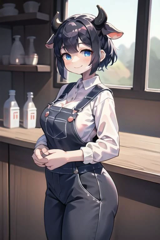 masterpiece, extremely detailed, volumetric light, 1girl, cow themed succubus wearing blue farm overalls over a white shirt, black and white hair, large bust, cow ears, cow tail, cow eyes, smile, sunny, in a farm, blushing, (beautiful detailed eyes)