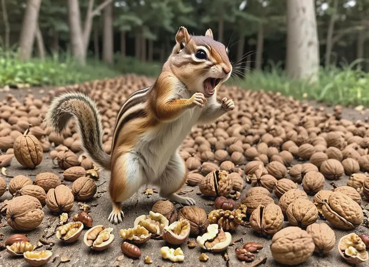 chipmuns are eating nuts and nuts on the ground