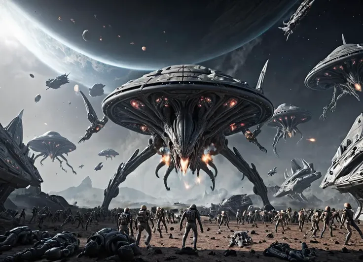 a group of people standing in a field with alien spaceships