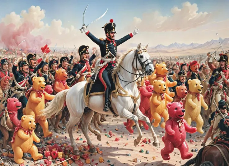 painting of a man on a horse surrounded by teddy bears