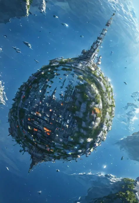 a view of a futuristic city from the ground with a sky background