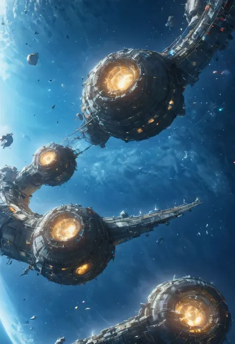 a group of spaceships flying through space with a planet in the background