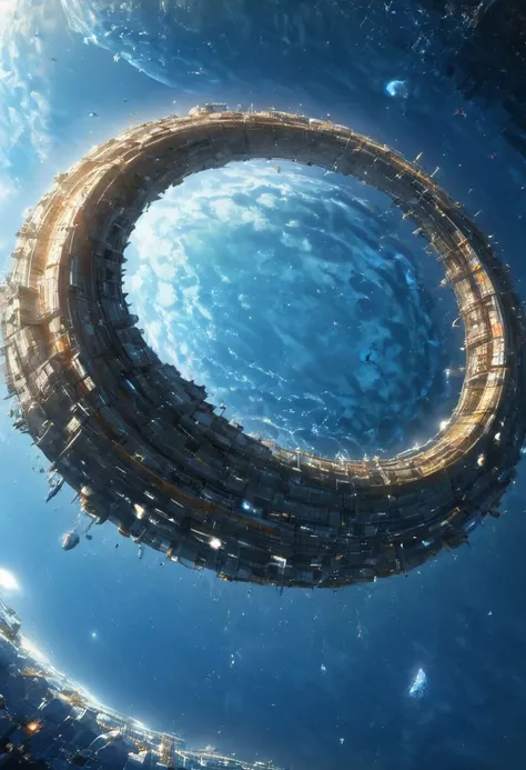 a futuristic city surrounded by a circular structure in the sky