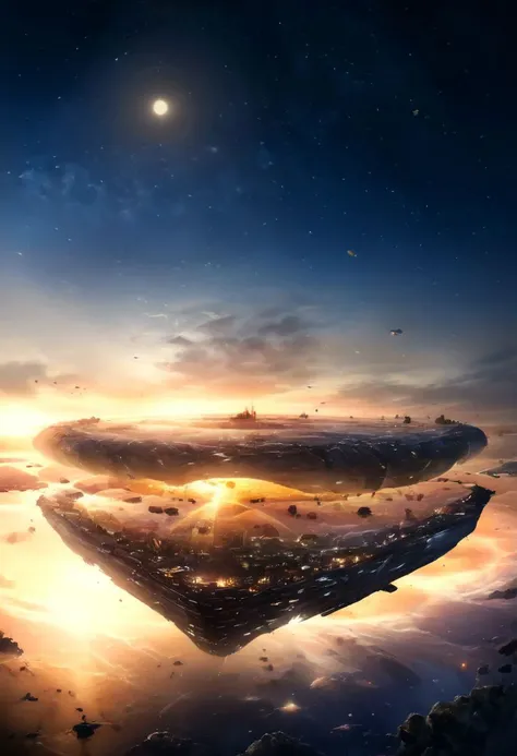 a spaceship flying over a planet with a sky full of stars