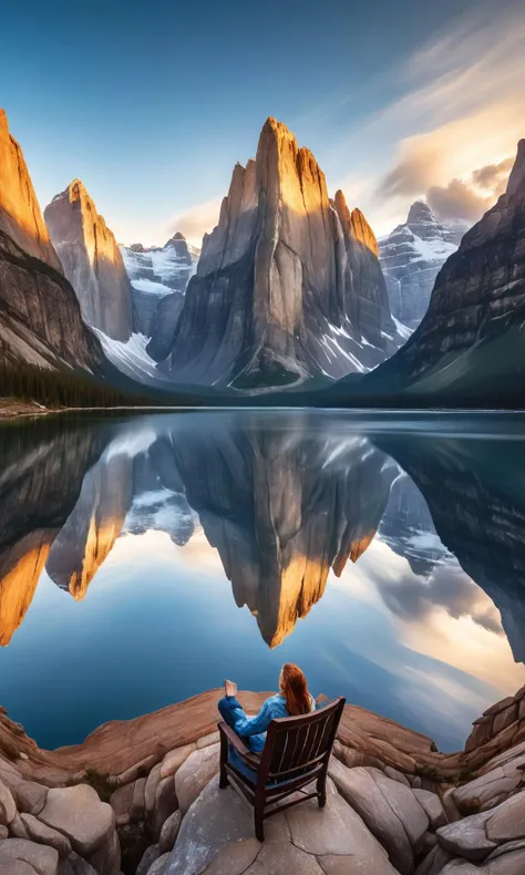 a woman sitting on a bench looking out at a mountain lake