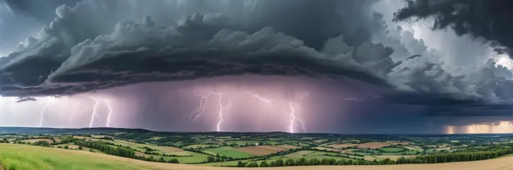 countryside landscape with moody clouds and unusual colors,thunder, panoramic 