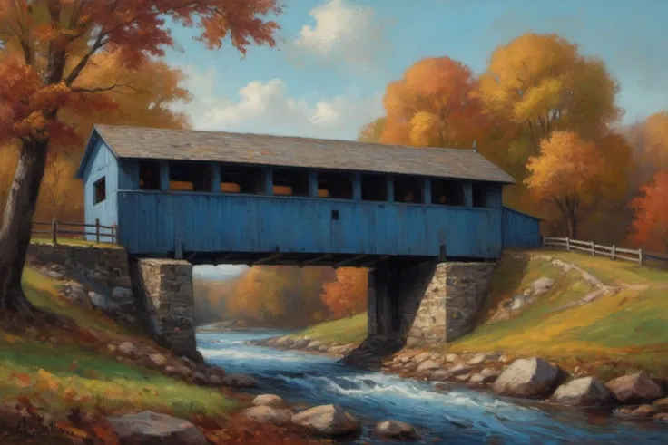 <lora:Wolvie_n3br1dg3s_v1.1:1> n3br1dg3s, an oil painting of a covered bridge, river cross view, painted blue, <lora:dEnvyOilPastelXL01:1>, oil, signed by "A.I. Wolvie", colorful, saturated, textured, 32k, fantastic realism, complex background, painting, m...