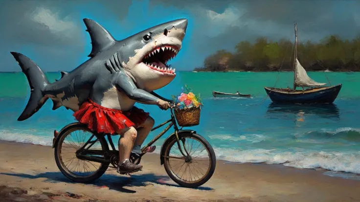 a shark, wearing a tutu, riding an antique bicycle, still life, ((palette knife)),<lora:PaletteKnife:1.3>, dynamic lighting, lights, oil on canvas, oil painting, (palette knife), traditional media, painting (medium), artistic, delicate composition, old wor...