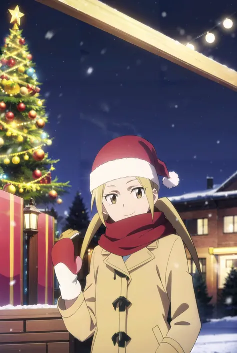 1girl, short girl, suzu hagimura, <lora:suzu:0.8> , winter, snow falling, outside, festival, coat, scarf, mittens, santa hat, visible breath, smile, night, christmas lights,