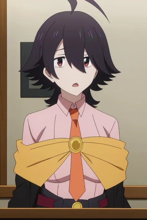 anime girl with black hair and a pink shirt and orange tie