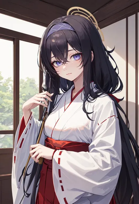 best quality, masterpiece, highres, solo, (ui_bluearchive:1.10), (white kimono:1.35), (red hakama:1.35), (wide sleeves:1.20), 26 <lora:ui_bluearchive:0.80>