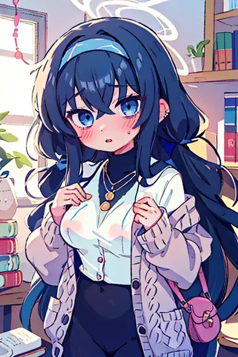 (masterpiece, best quality), 1girl,  beautiful face,    <lora:ui_bluearchive:1> ui_bluearchive, long_hair, black_hair, bangs, hairband, halo, bags_under_eyes, blue_hairband, blue_eyes, hair_between_eyes, blush, jewelry, necklace, cardigan, very_long_hair, ...