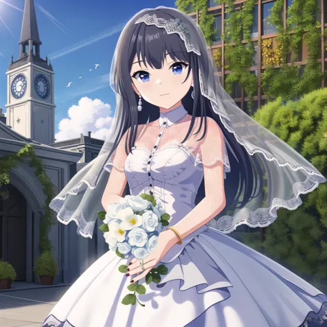 high quality, best quality, masterpiece, absurdres, nagase kotono, bride, 1girl,  <lora:kotono-000003:0.75>, solo, church, outdoors, sunrise, bridal_dress, veil, flower, ivy, dove, cloud, day