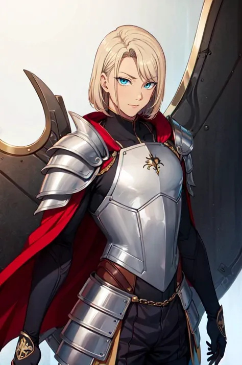 <lora:aiueoka:0.8> solo, cowboy shot,, ultra detailed, masterpiece, best quality, aesthetic, detailed,, solo, smile, 1boy, blue eyes, medium blonde hair, parted bangs, hair intakes, male focus, muscular male,, armor, pauldrons, cuirass, gauntlets, waist ca...