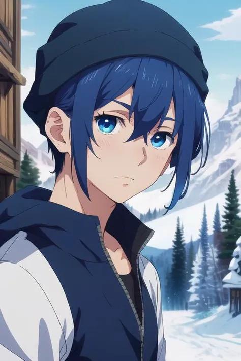 masterpiece, best quality, wallpaper, 1boy, solo, male focus, looking at viewer, upper body, , <lora:reito_mizuhara:0.68>, reito_mizuhara, blue hair, blue eyes, , ski hat, A fairytale land where magical creatures live and thrive,