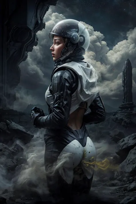 a woman in a space suit standing in front of a dark sky