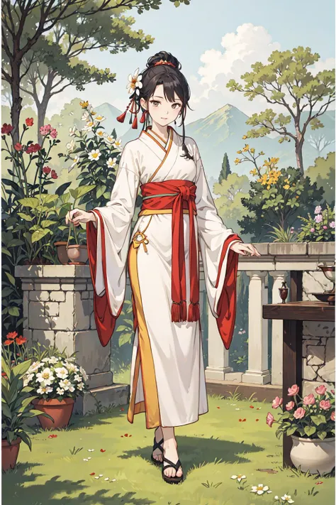 best quality,oriental_detailed background,girl,detailed_hand,garden,glass, flower, oreintal wear,