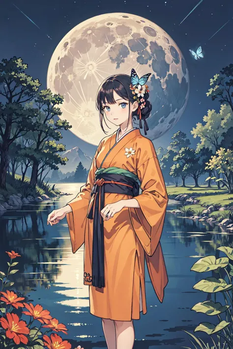 best quality,oriental_detailed background,girl,detailed_hand,garden, flower, butterfly,night, moon,random_wear,reflect_water, lake