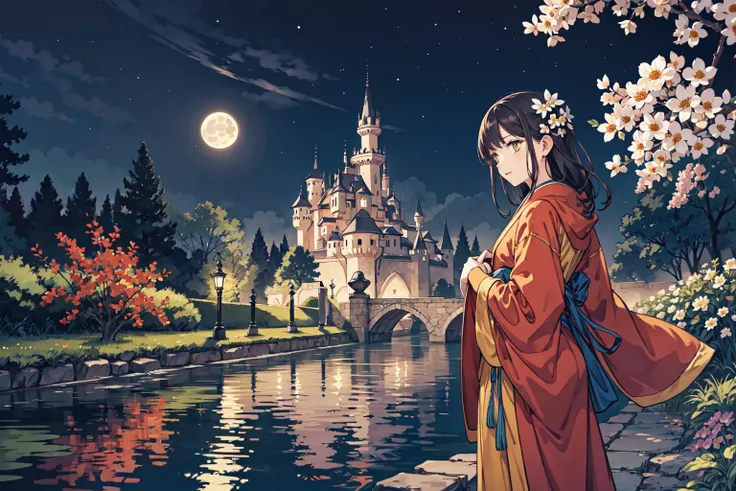 best quality,oriental_detailed background,girl,detailed_hand,garden, flower, ruined castle,night, moon,reflect_water,