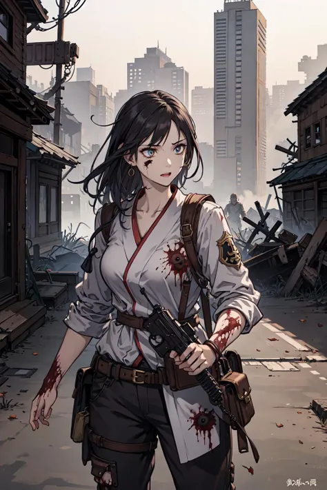 best quality,oriental_detailed background,girl,detailed_hand,battle, zombie,post-apocalypse,