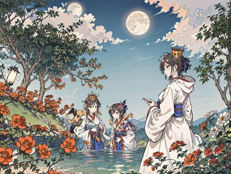 best quality, high_resolution, distinct_image, detailed background ,girl, hanbok,flower,garden,moon, night,dutch angle, wide shot, crown,<lora:anastasiaTHEIdolmSTER_anastasiaV10:1>