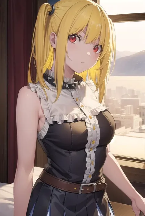 misaamane, <lora:misa amane manga-lora-nochekaiser:1>,
misa amane, twintails, (red eyes:1.3), (yellow hair:1.5), sidelocks, long hair,
BREAK skirt, pantyhose, sleeveless, belt, cross, frilled skirt, gothic, collar, spiked collar,
BREAK indoors, bed,
BREAK ...