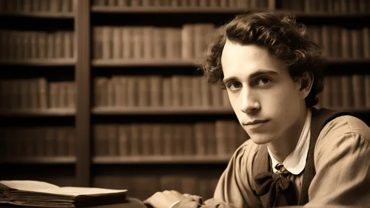 AnalogRedmAF,
Sepia Photograph, Young Man Portrait, Analog Medium Format, Childish Expression, Victorian Era, Dramatic Lighting, Smooth Skin Texture, Library Background, Golden Ratio Composition, Fine Grain, Selective Focus, Charles Dickens,
, <lora:Analog...