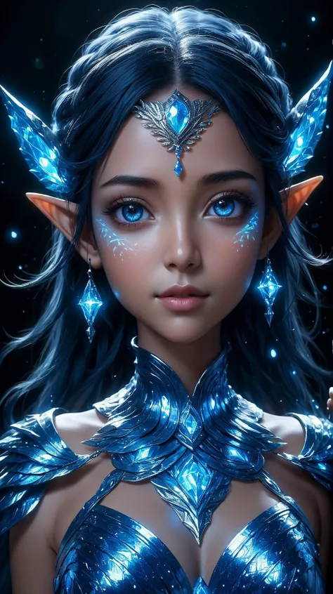 blue humanoid avatar with bioluminescent avatar markings dots and patterns on their skin. Pointed elf ears. avatar like hair,hair colour black,sparkling glowing blue eyes,slightly shimmery iridescent blue skin. female,warrior like,magical and mystical,deta...