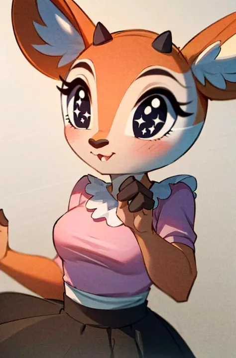 1girl, (anthro furry:1.2), TsunodaCzar, (big eyes:1.4, two-toned fur, orange fur, black eyes, deer ears, horns, snout), (pink blouse, black skirt), (interior, office), (masterpiece:1.2), hires, ultra-high resolution, 8K, high quality, (sharp focus:1.2), cl...