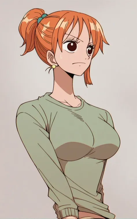 a woman with a ponytail and green shirt is posing for a picture