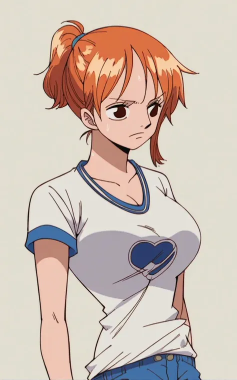 a woman with a ponytail in a white shirt and blue jeans