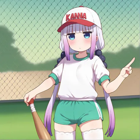 anime girl with purple hair and a baseball cap holding a bat