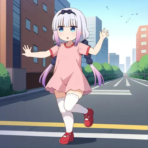 anime girl in pink dress crossing street in urban area