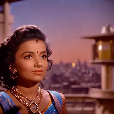 closeup of an indian girl on a rooftop, with long flowing (windswept hair:1.3), with glowing city windows in the background, at ...