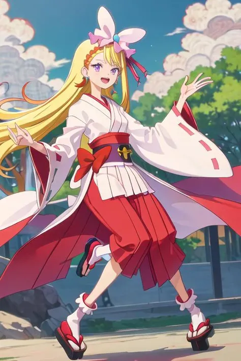 best quality, masterpiece, highres, solo, {white kimono:1.35}, {red hakama:1.35}, {wide sleeves:1.20}, {cure_butterfly_hirogaruskyprecure:1.15}, blonde_hair, long_hair, purple_eyes, jewelry, earrings, magical_girl, smile, open_mouth