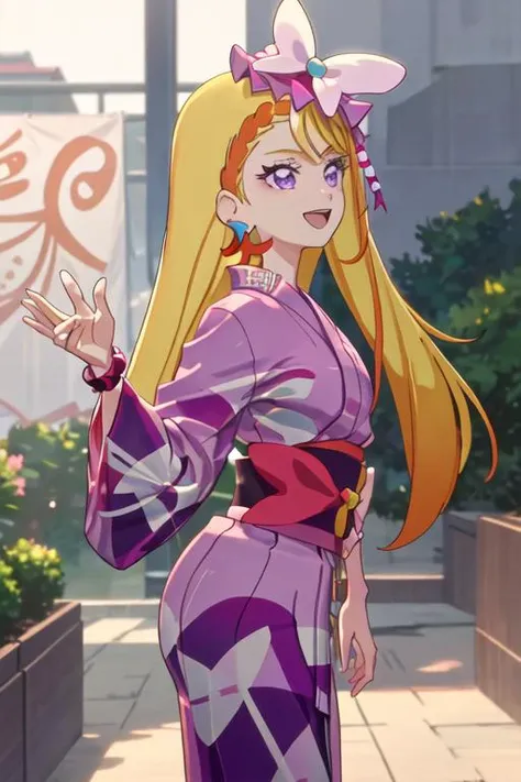 best quality, masterpiece, highres, solo, {yukata:1.40}, {kimono:1.20}, {cure_butterfly_hirogaruskyprecure:1.15}, blonde_hair, long_hair, purple_eyes, jewelry, earrings, magical_girl, smile, open_mouth