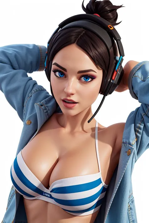 <lora:VRAMsDemi:0.5> vramsdemi, 1girl, posing, photoshoot, makeup, closeup white background, simple background, oversized jacket, off shoulder, blue eyes, blue stripes, striped underwear, headphones, big breasts