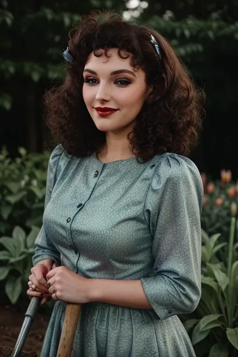 <lora:maryem-08:0.6>, maryem,((curly hair)),  , ,photo of a woman, , ((fifties dress, garden, shovel, dirty face)), smiling, (lipstick, blush, eye shadow), ((best quality, masterpiece, extreme details, high resolution):1.2),((detailed eyes, beautiful eyes,...