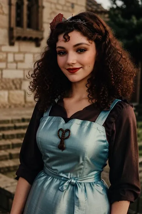 <lora:maryem-08:0.6>, maryem,((curly hair)),  , photo of a woman, , ((outdoors, medieval city, medieval dress, apron, headdress)),smiling, (red lipstick, blush), ((best quality, masterpiece, extreme details, high resolution):1.2),((detailed eyes, beautiful...