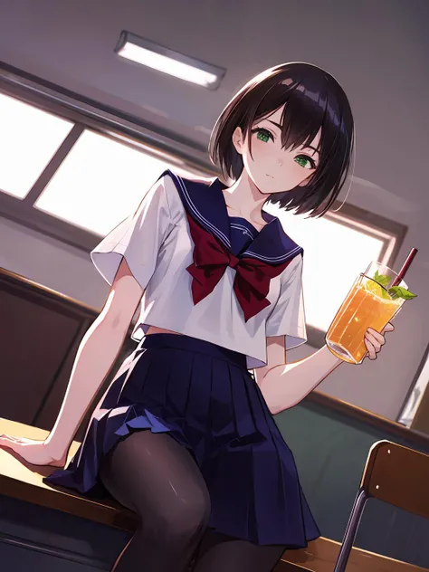 masterpiece,best quality,highres,cinematic lighting,dramatic angle,<lora:ShadowverseTsubakiV1-000006:0.8>  ,sailor collar,red bowtie,black hair,short hair,green eyes,serafuku,white shirt,blue pletaed skirt,pantyhose,holding drink,drinking,looking at viewer...