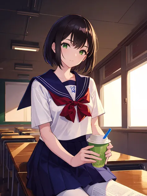 masterpiece,best quality,highres,cinematic lighting,dramatic angle,<lora:ShadowverseTsubakiV1-000006:0.8>  ,sailor collar,red bowtie,black hair,short hair,green eyes,serafuku,white shirt,blue pletaed skirt,pantyhose,holding drink in paper cup,drinking,look...