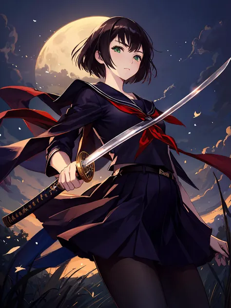 masterpiece,best quality,highres,cinematic lighting,dramatic angle,<lora:ShadowverseTsubakiV1-000006:0.8> ,1girl,holding sword,sheath,katana,sailor collar,serafuku,black suit,red bowtie,pletaed skirt,pantyhose,cowboy shot,moon,looking at viewer,green eyes,...