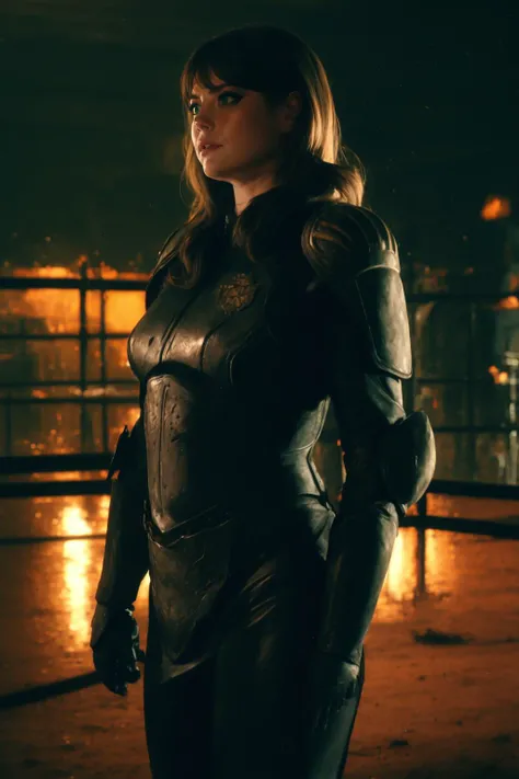 cinematic film still  adult beautiful woman, solo, high quality, best quality, highres, high detail, <lora:Char_dredd2k12-JudgeDreddbyMajM:0.7> jdgdrdd  armor, uniform   <lora:Char_soph-SusieGlass:0.8> . shallow depth of field, vignette, highly detailed, h...