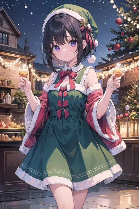 {masterpiece},  1girl,  black hair,  medium hair,  small breasts,  purple eyes,  christmas,  xmas,  christmas clothes,  ribbon,  frill,  lace,  dress,  smile