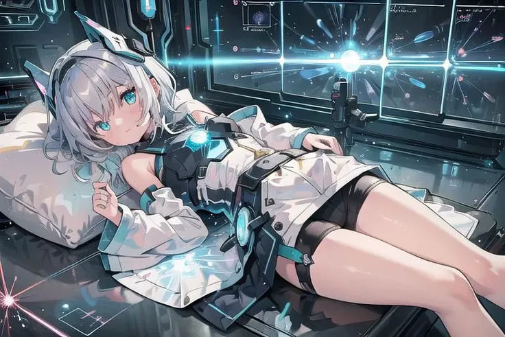 (masterpiece), (science fiction:1.4), 1girl, lying on the back on a mirror, lying on the back on a mirror, lying on the back on a mirror, smile, silver hair, aqua eyes, headgear, long sleeves, detached sleeves, glowing energy clothing, light particles, ene...