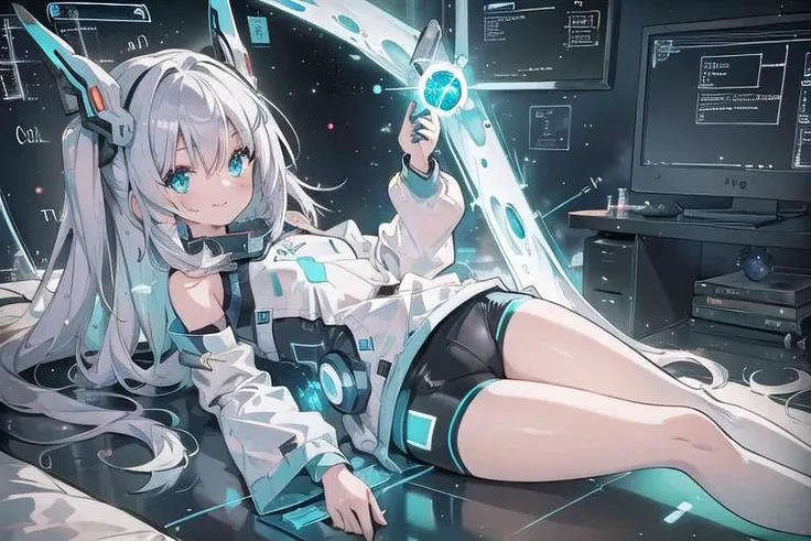 (masterpiece), (science fiction:1.4), 1girl, lying on the back on a mirror, lying on the back on a mirror, lying on the back on a mirror, smile, silver hair, aqua eyes, headgear, long sleeves, detached sleeves, glowing energy clothing, light particles, ene...