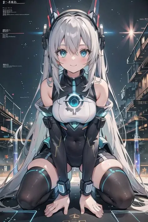 (masterpiece), (science fiction:1.4), on all fours, smile, silver hair, aqua eyes, headgear, long sleeves, detached sleeves, glowing energy clothing, light particles