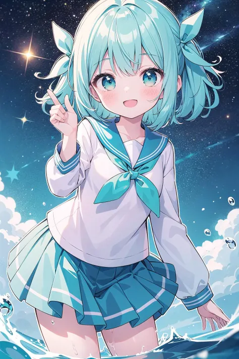 (masterpiece), (outline, aqua theme, pastel colors:1.2), best quality, cosmic, starry sky, 1girl, sailor uniform, blush, open mouth, smile, medium hair, translucent hair, hair, colored tips, hair ribbon, sidelocks, water, wading