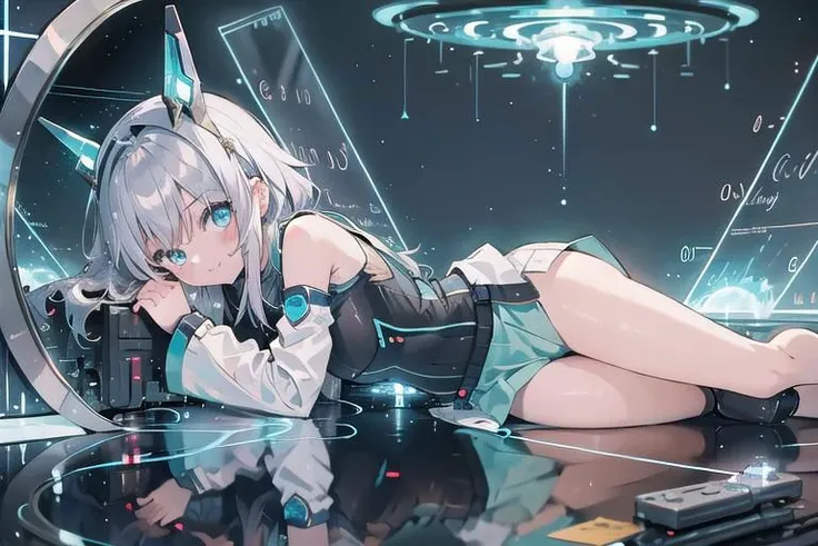 (masterpiece), (science fiction:1.4), 1girl, lying on the back on a mirror, lying on the back on a mirror, lying on the back on a mirror, smile, silver hair, aqua eyes, headgear, long sleeves, detached sleeves, glowing energy clothing, light particles, ene...