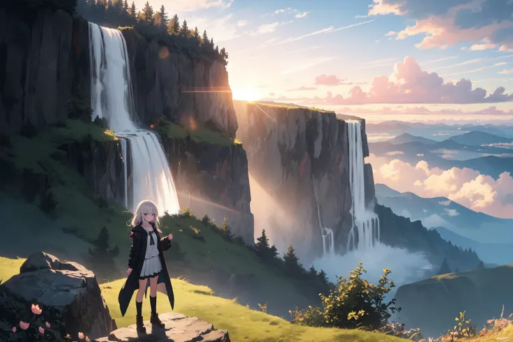 (best quality, high quality:1.2), cinematic lighting, volumetric lighting, shadows, digital art, anime, 
cute, beautiful, cozy, 
1girl, happy, standing on cliff, standing on mountain peek, waterfall, outdoors, hills, sky, clouds, sunset, sunlight, bloom, l...